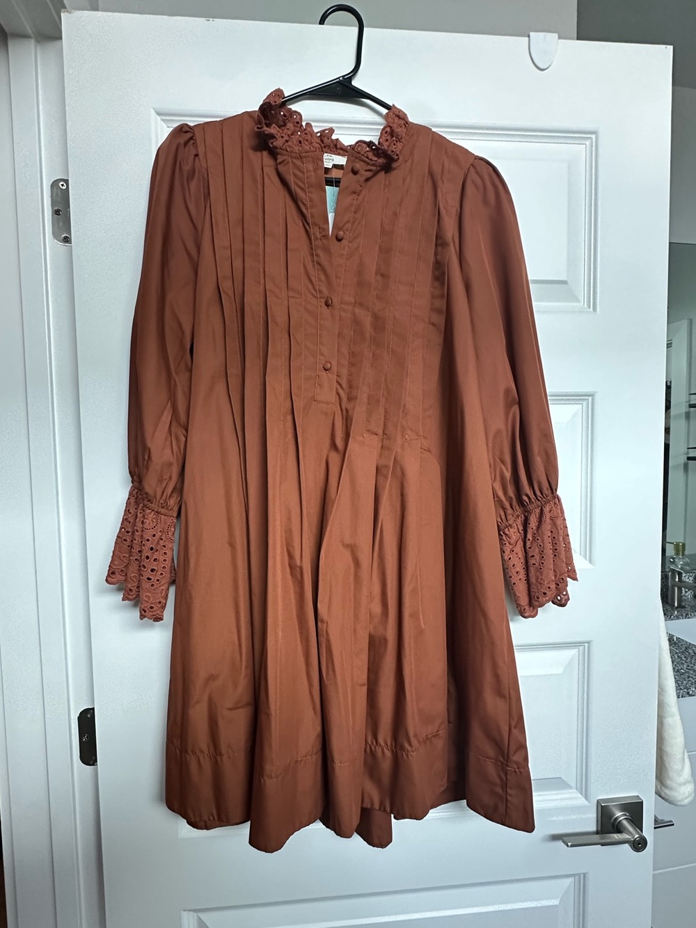 Entro Brown Pintuck Lace-Trim Smock Dress
